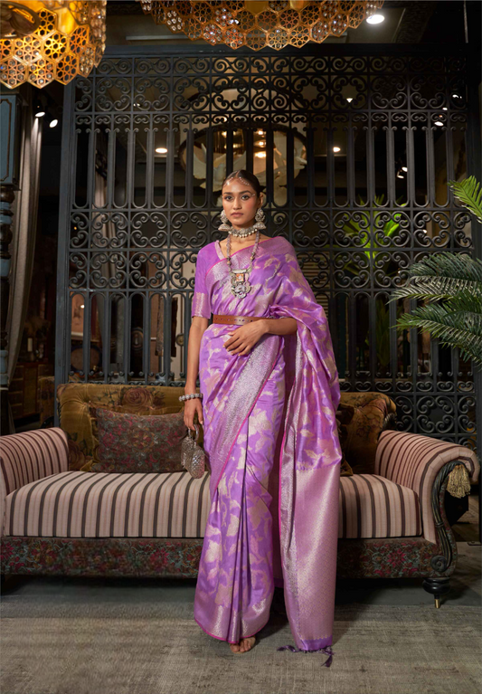 Lavender Chanderi Saree On Silk With Silver Zari Design