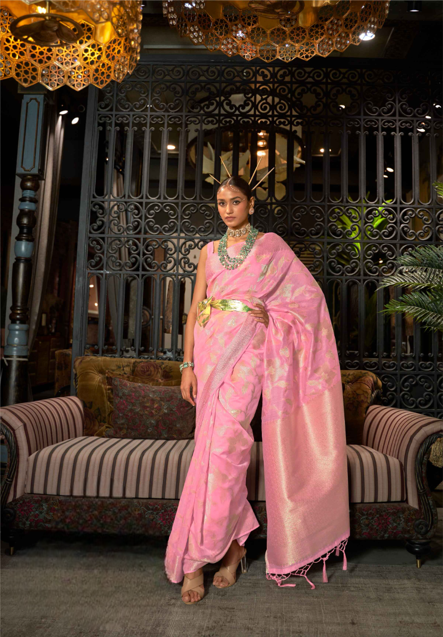 Light Pink Chanderi Saree On Silk With Silver Zari Border 