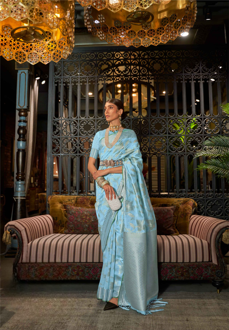 Sky Blue Chanderi Saree On Silk With Silver Zari Border