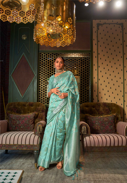 Turquiose Chanderi Saree On Silk With Silver Zari Base