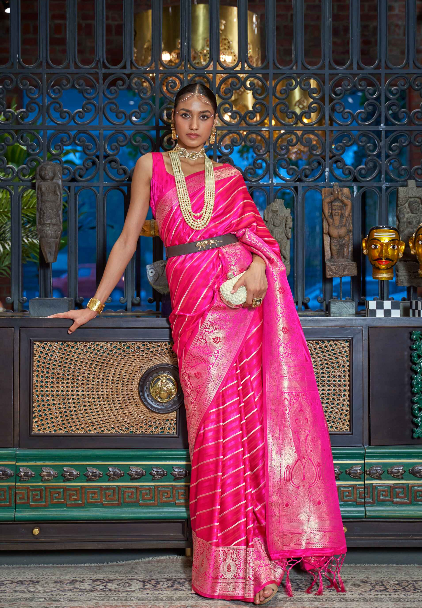 Hot Pink Satin Saree With Traditional Motif Border Zari Design