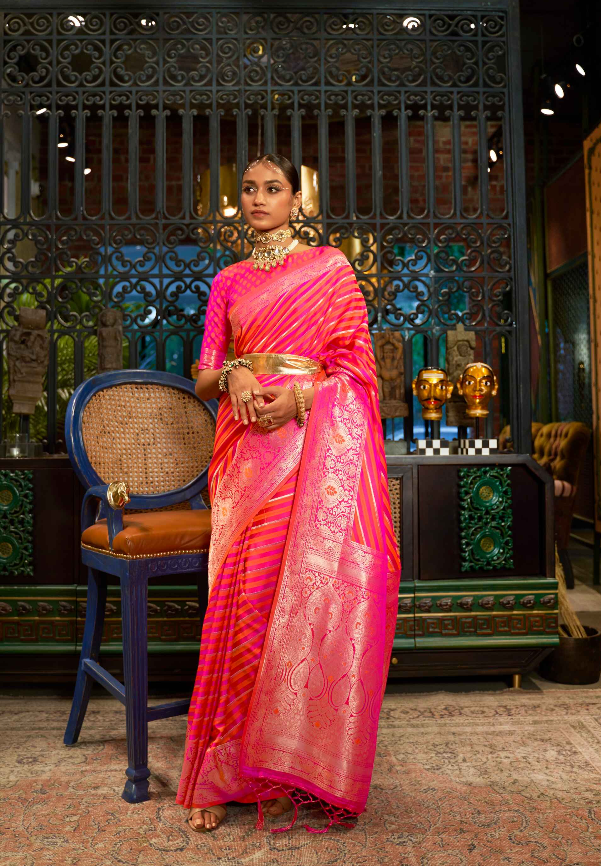 Peach Satin Saree With Silver Mayur Zari Border