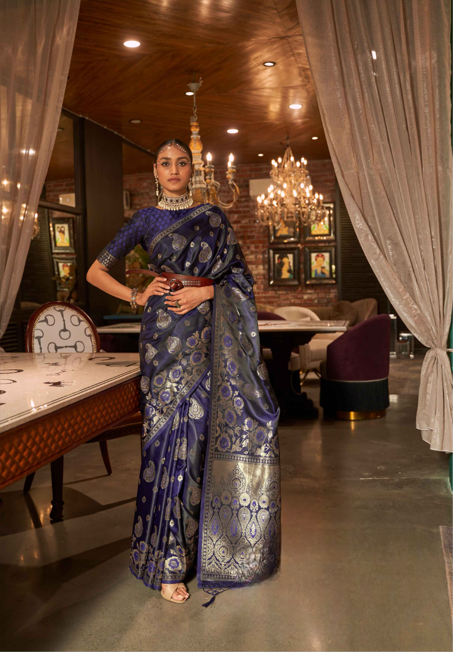 Navy Banarasi Saree On Satin With Maggam Embroidery Zari Work