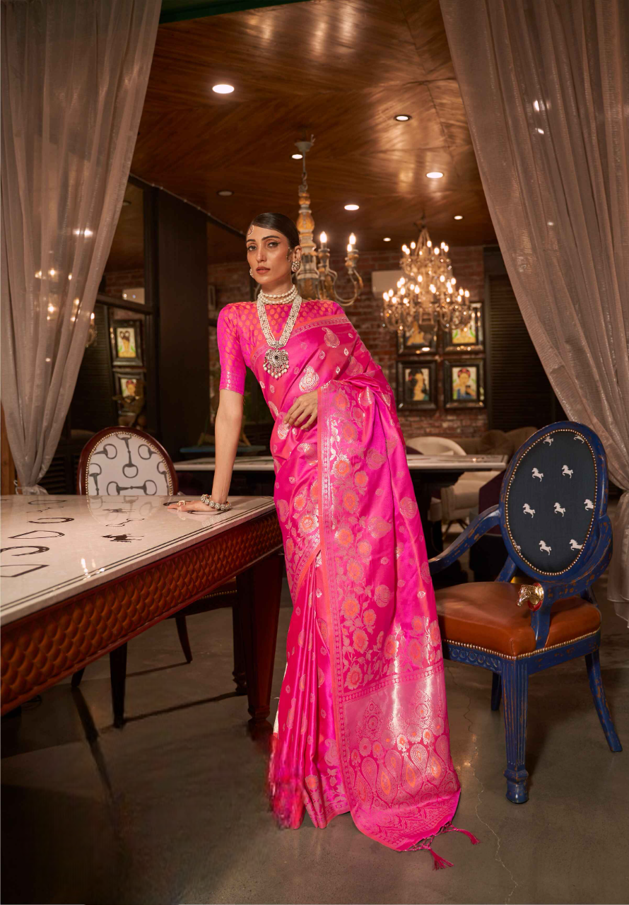 Pink Banarasi Saree On Satin With Maggam Embroidery Silver Zari Work