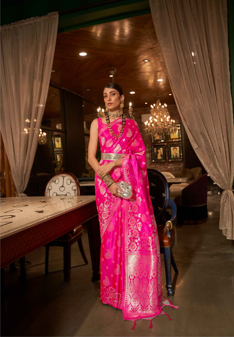 Hot Pink Banarasi Saree On Silk With Maanga Motif Silver Zari Work