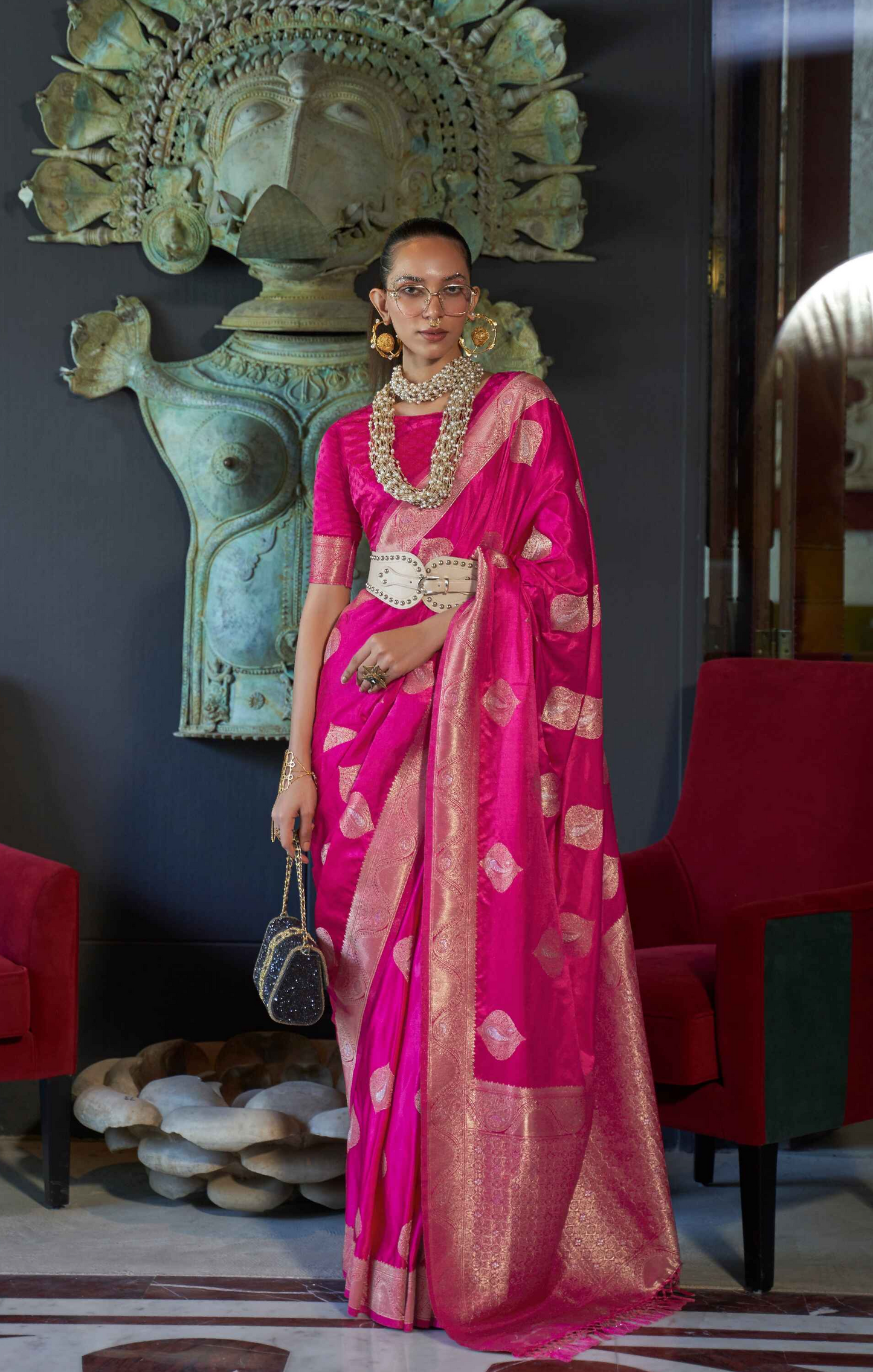 Pink Banarasi Saree On Satin With Ethnic Motif Silver Zari Border