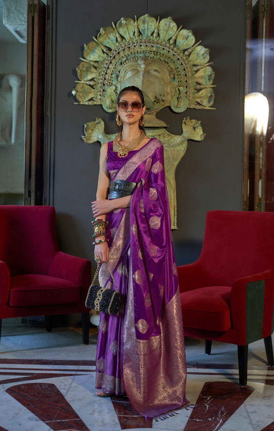 Violet Banarasi Saree On Satin With Silver Zari Work