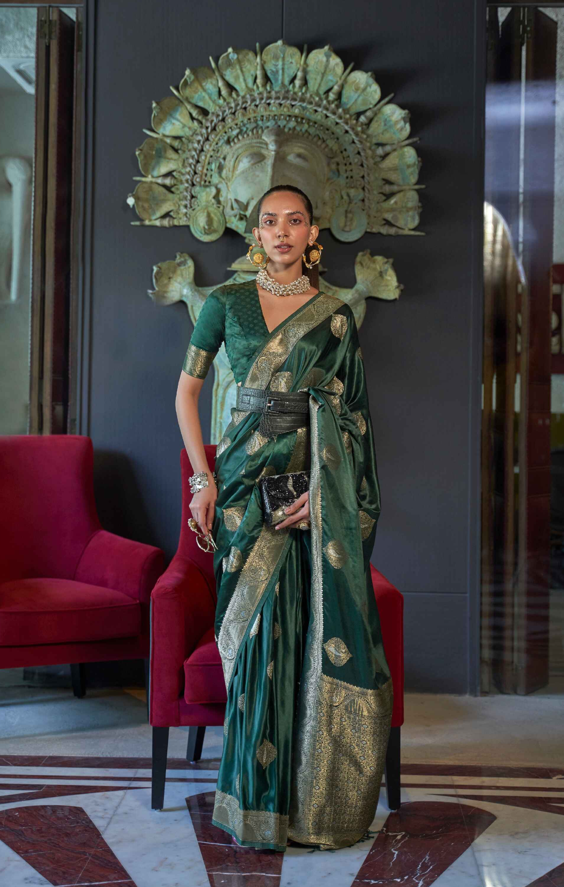 Dark Green Banarasi Saree On Satin With Silver Zari Border