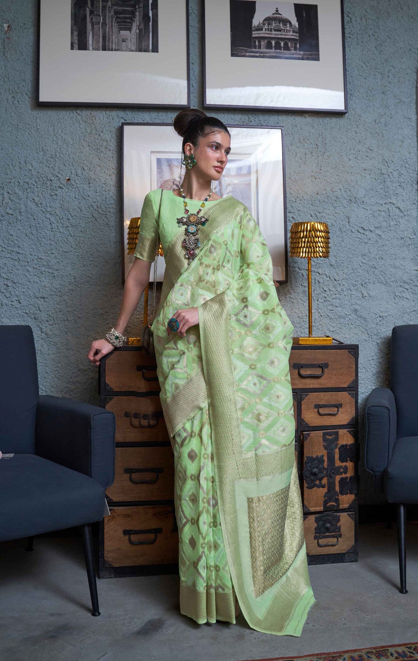 Sea Green Organza Saree On Linen With Silver Zari Border