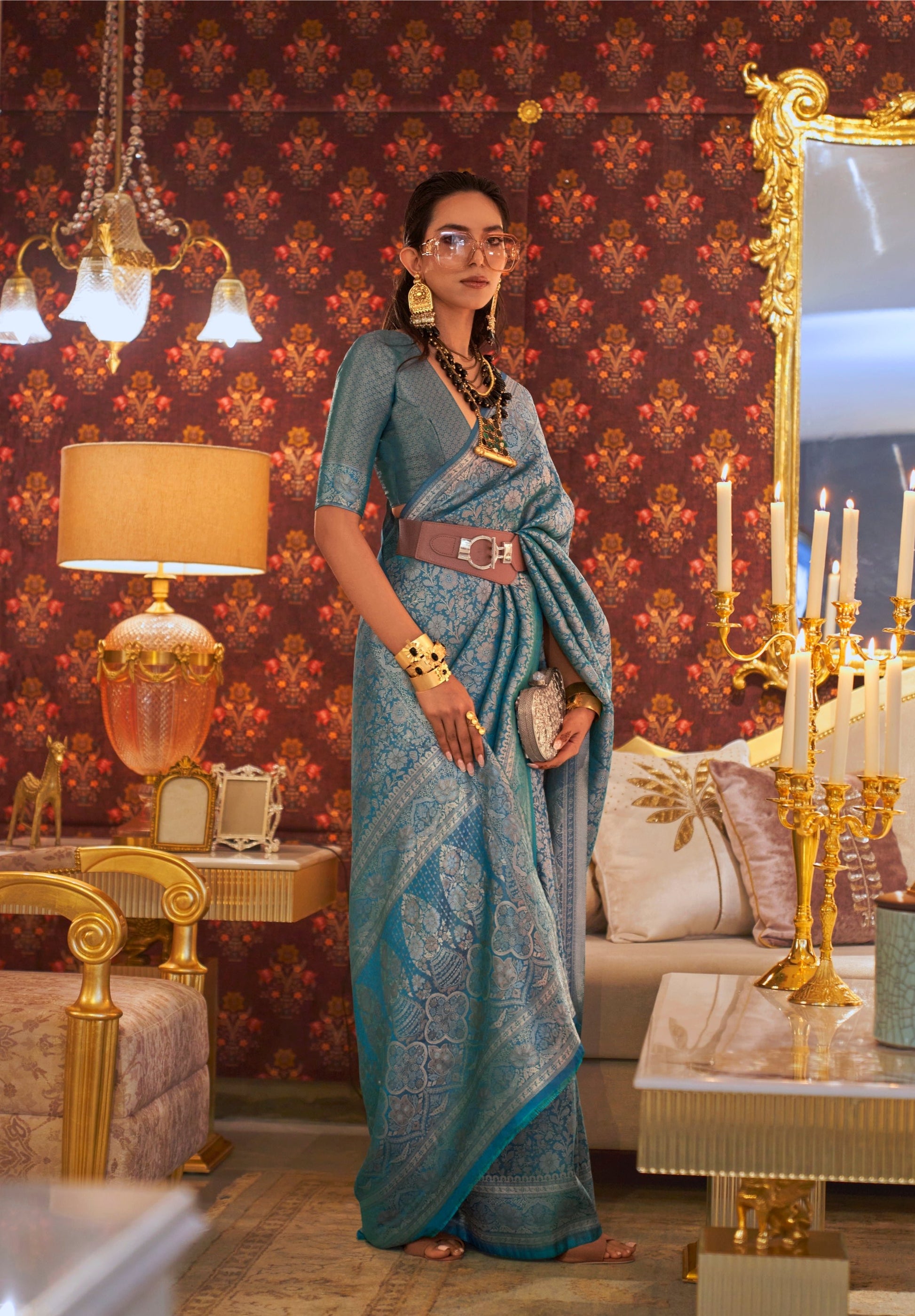 Blue Two Tone Banarasi Saree On Nylon With Silver Zari Work 