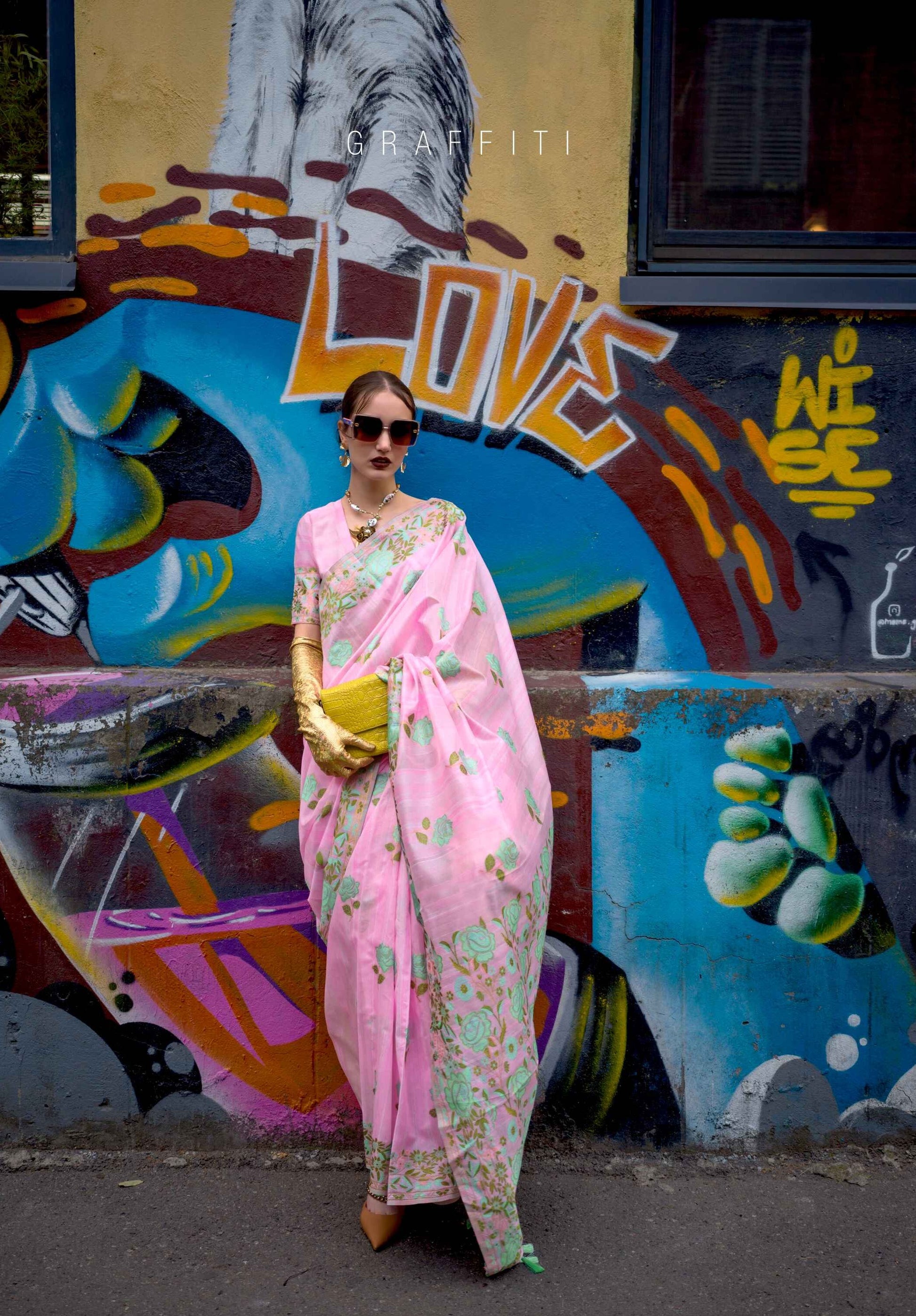 Pink Rose Organza Silk Saree With Floral Print