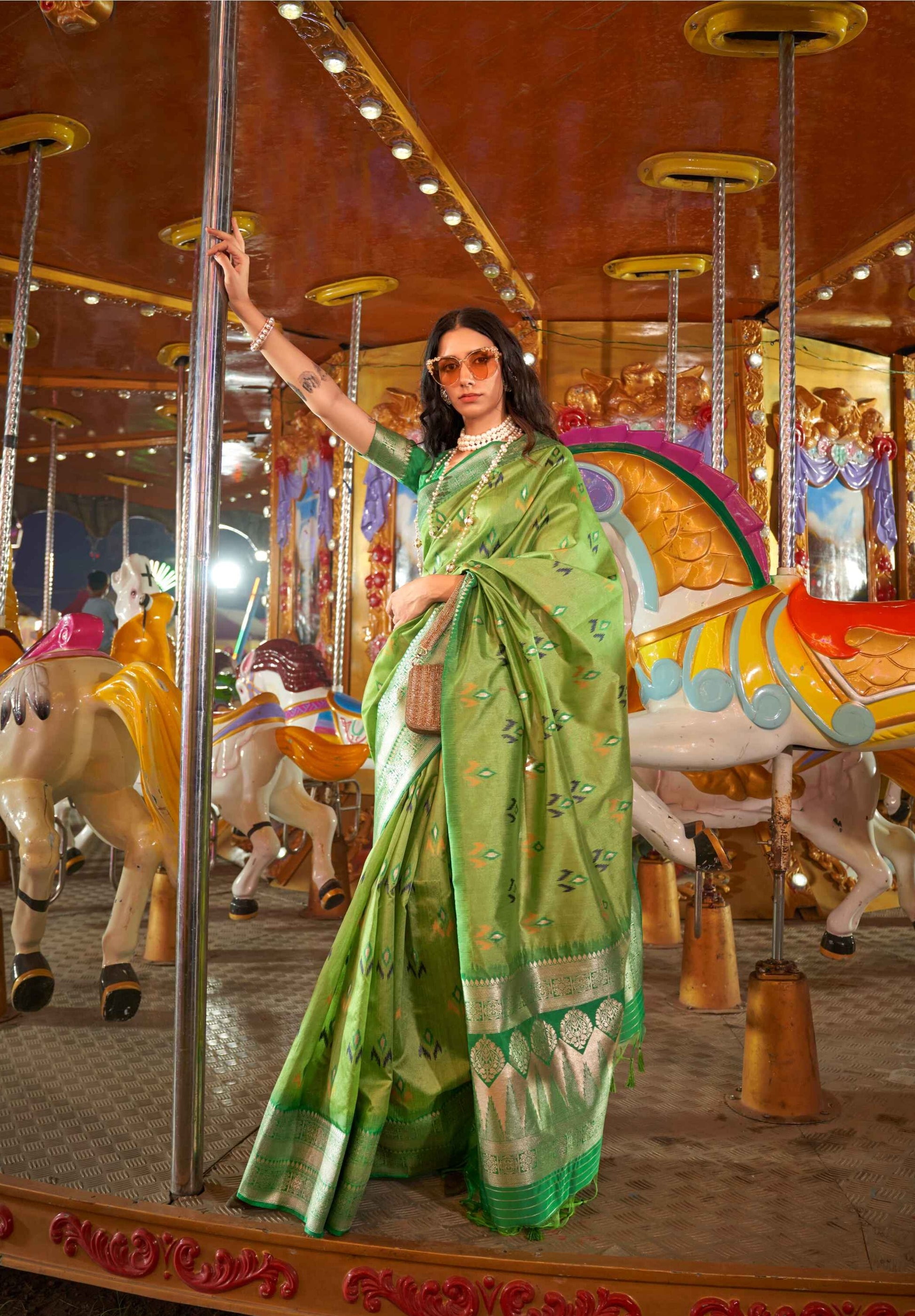 Green Banarasi Silk Saree With Silver Zari Border On Saree & Blouse