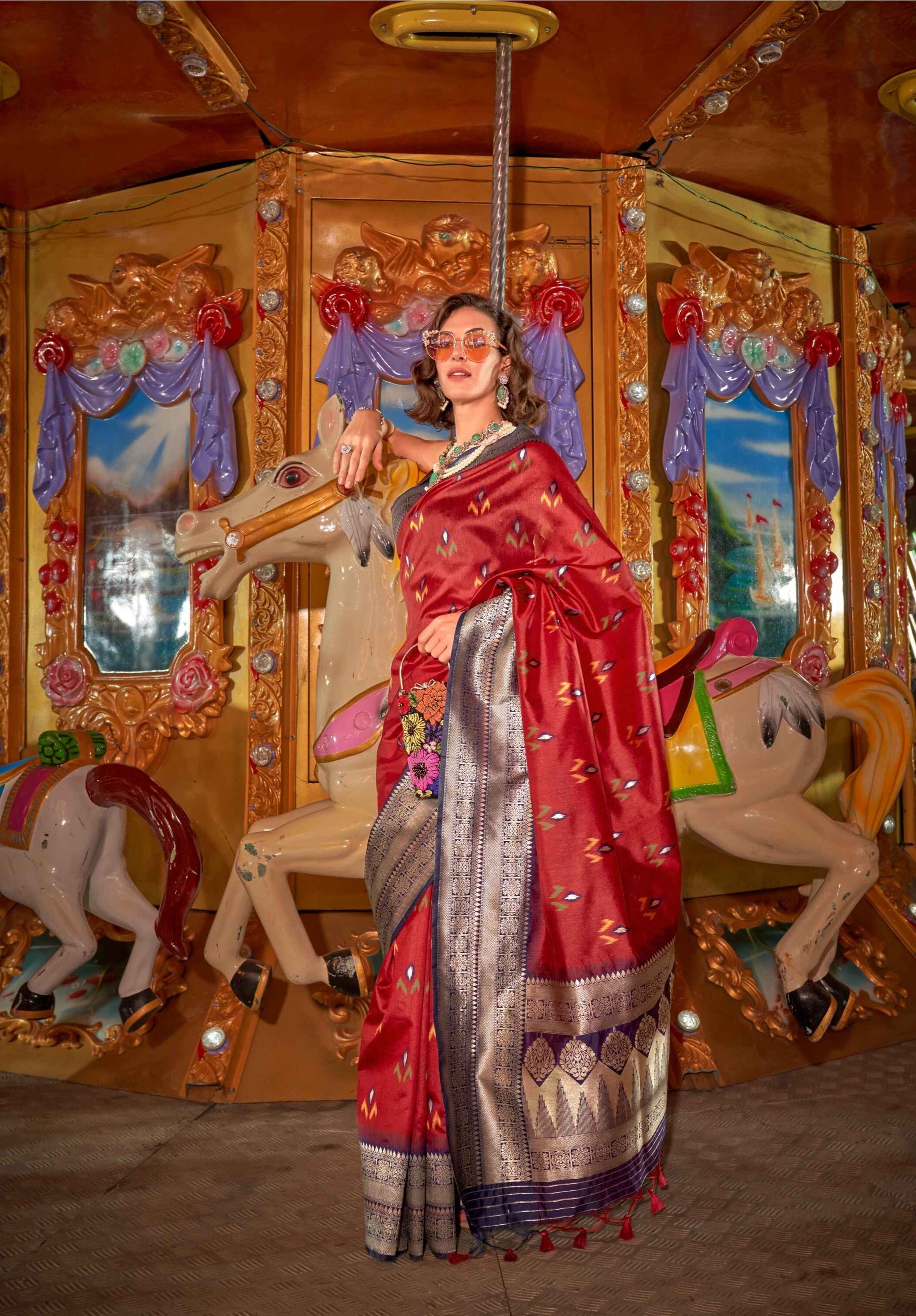 Cherry Red Banarasi Silk Saree With Floral Print & Silver Zari Border