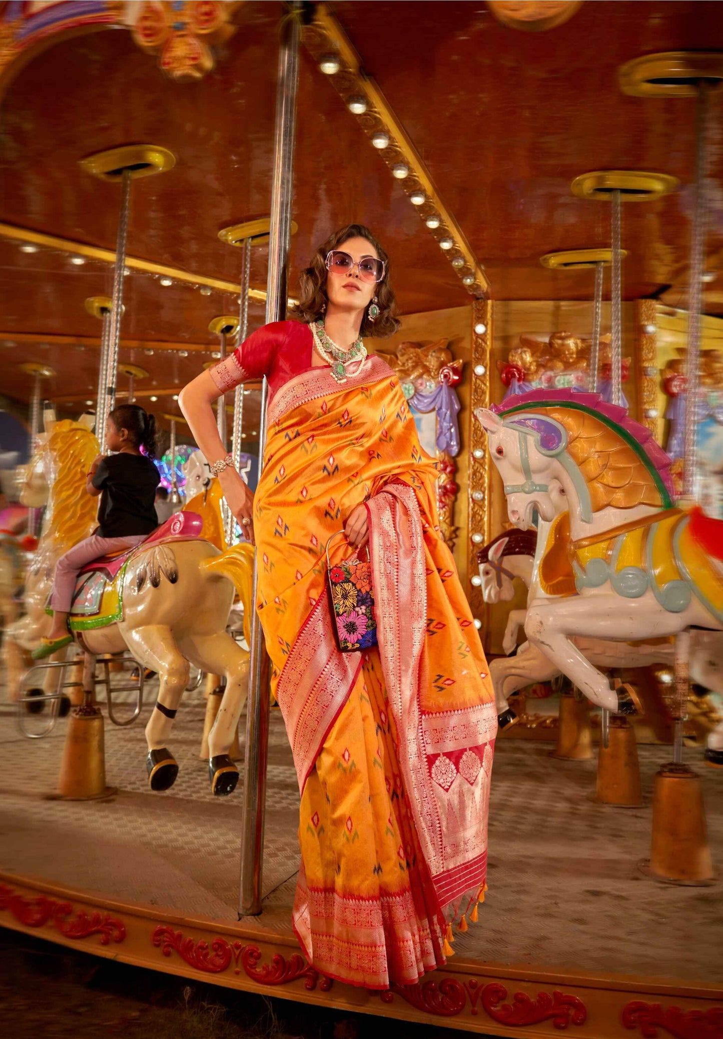 Orange Floral Banarasi Silk Saree With Silver Zari Border 