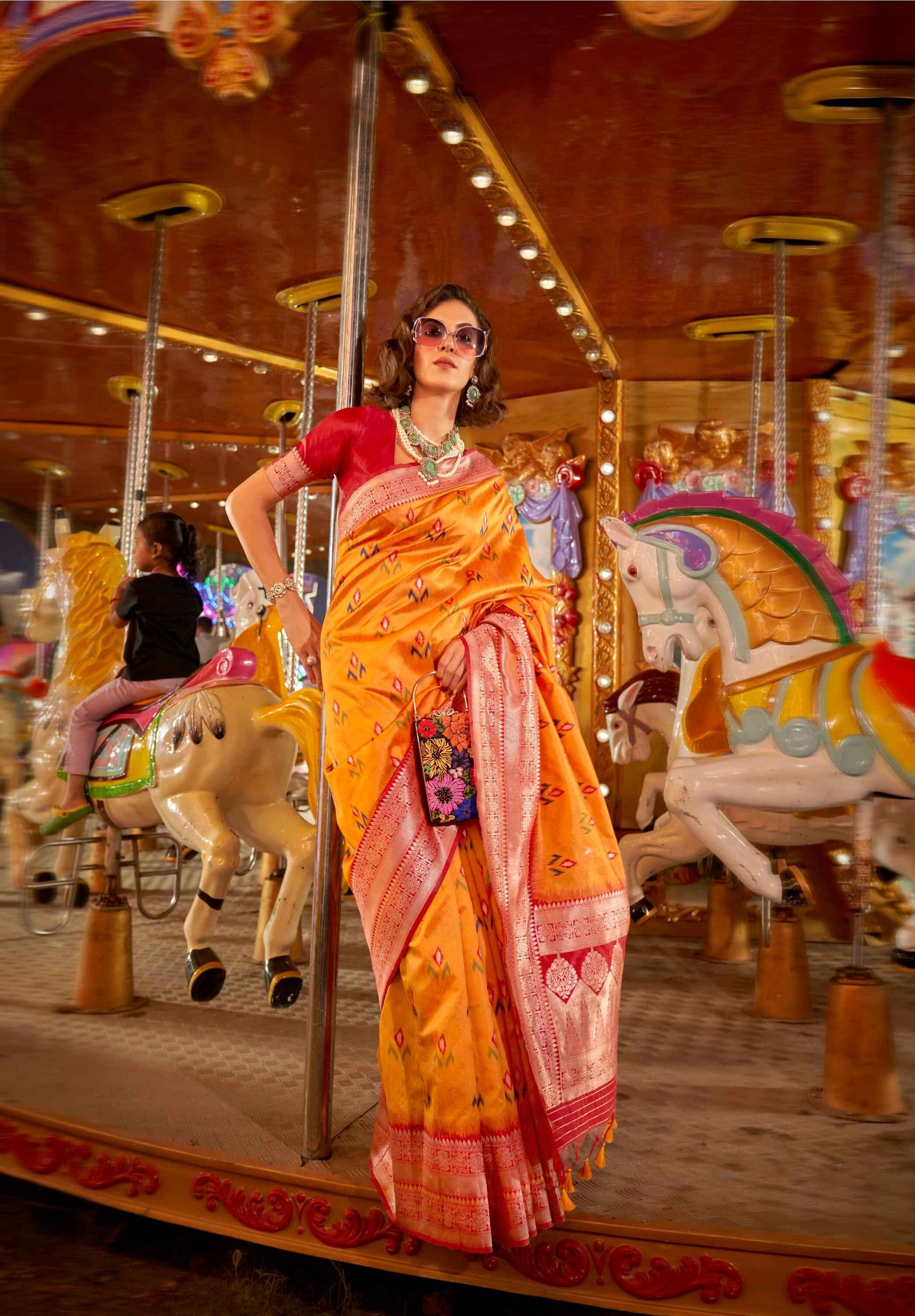 Orange Floral Banarasi Silk Saree With Silver Zari Border 