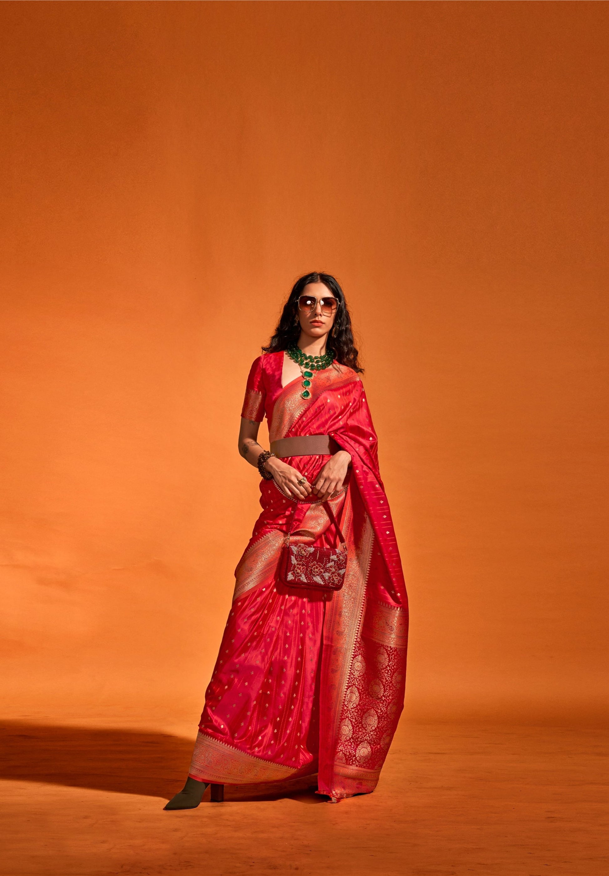 Bridal Red Satin Saree With Bronze Zari Work On All Over