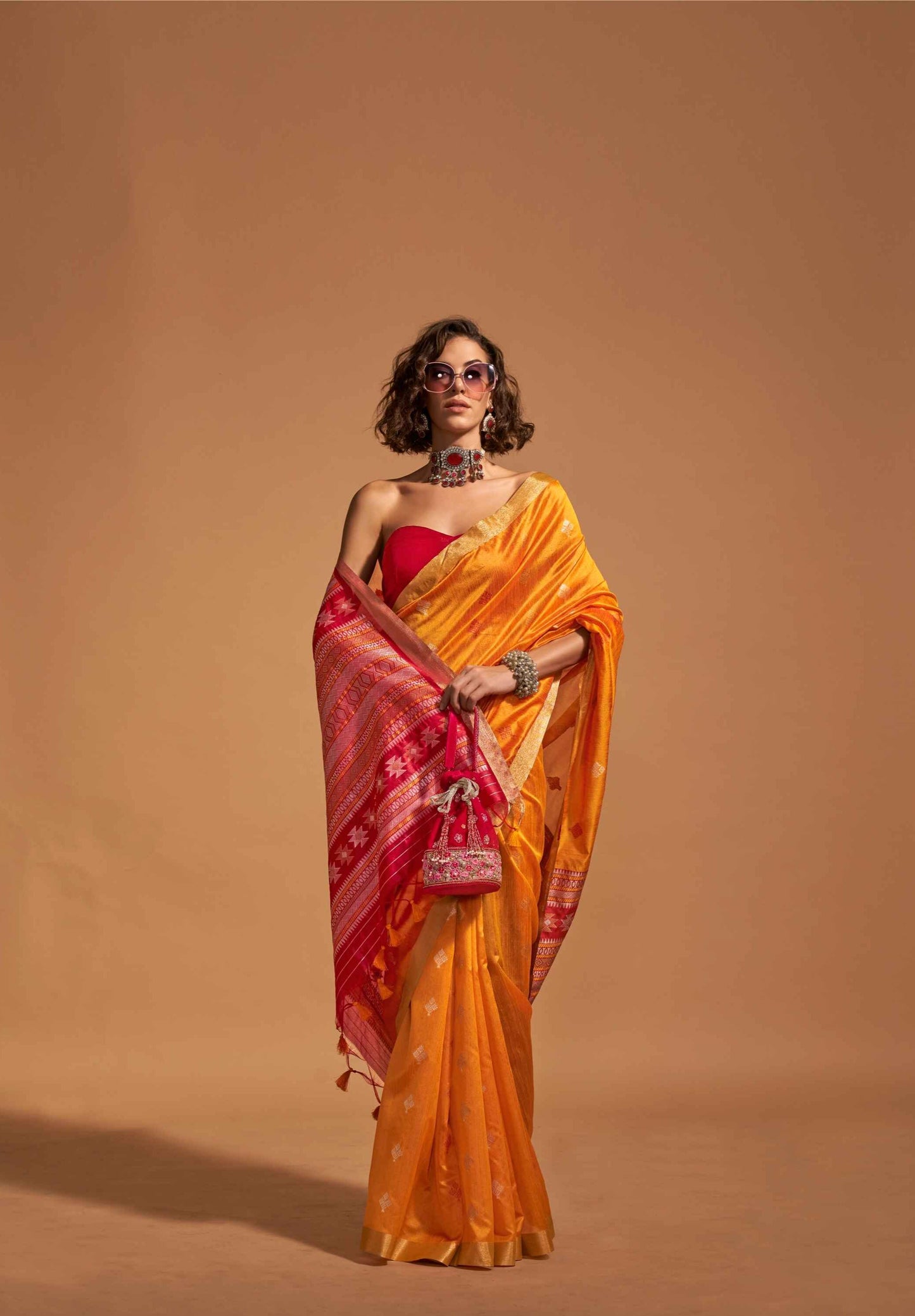 Orange Banarasi Saree On Satin With Red Motif Work Border