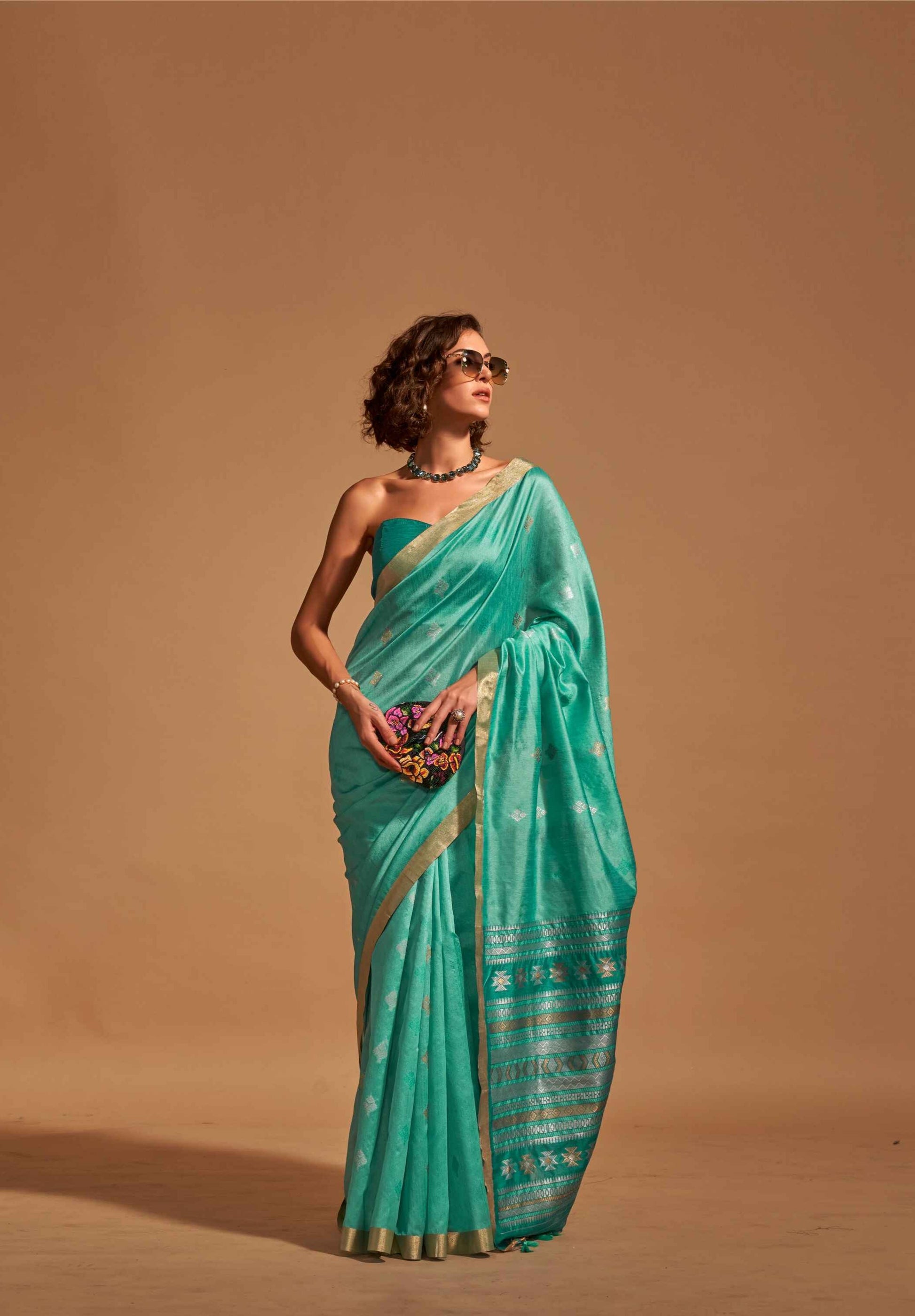 Turquiose Banarasi Saree On Satin With Silver Zari Border