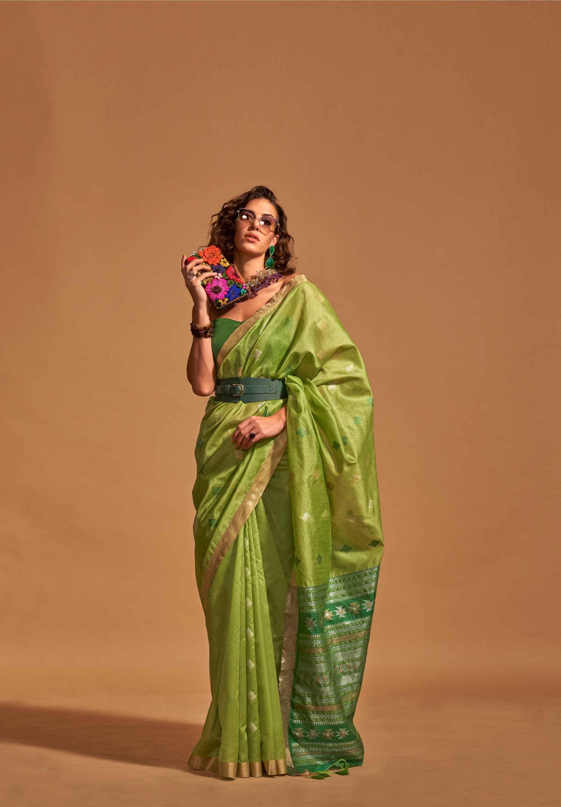 Green Banarasi Saree On Satin With SIlver Zari Border