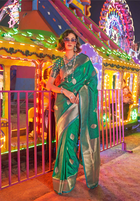 Jade Green Banarasi Saree With Leaf Motif Silver Zari Work