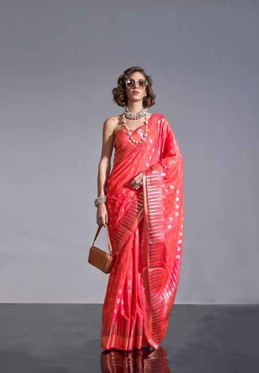 Orange Tussar Saree With Silver Zari Work