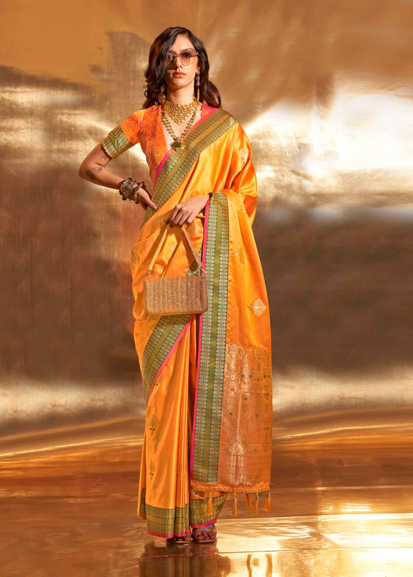 Pure Tussar Satin Butta Handloom Silk Sarees With Unstitched Blouse