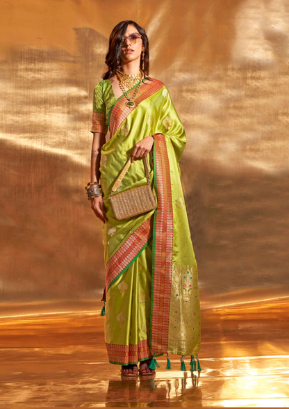 Pure Tussar Satin Butta Handloom Silk Sarees With Unstitched Blouse