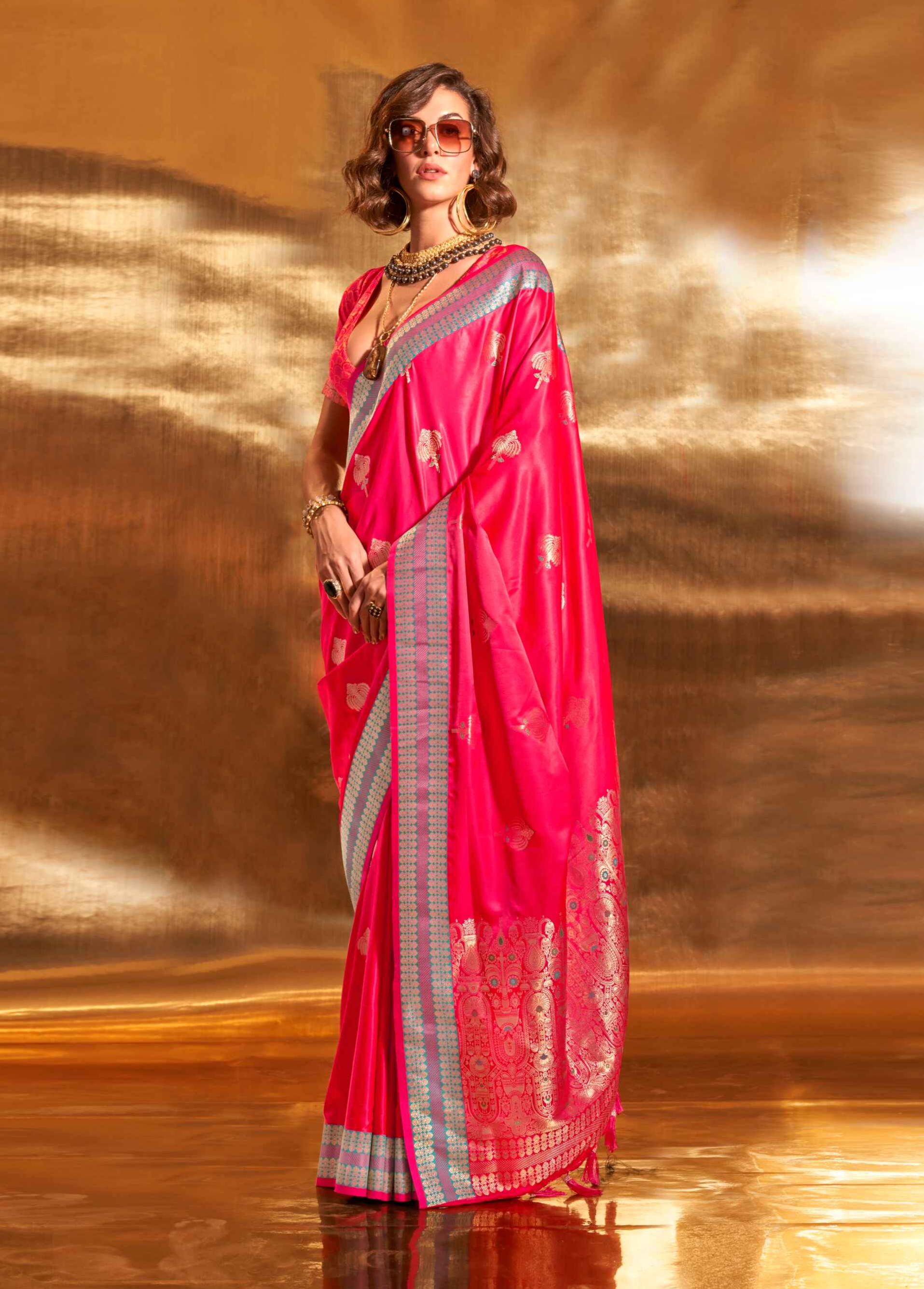 Pure Tussar Satin Butta Handloom Silk Sarees With Unstitched Blouse