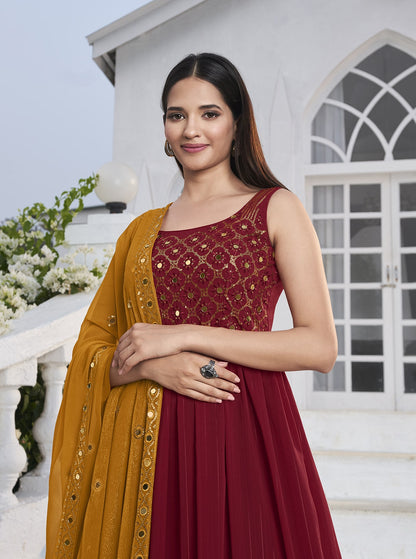 Georgette Shisha Embroidery Solid Layered Salwar Suit With Palazzo