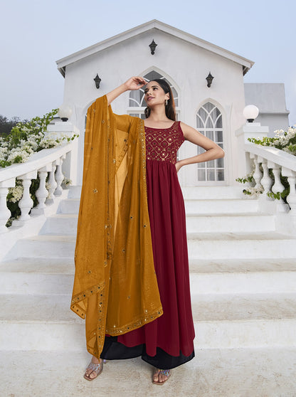 Georgette Shisha Embroidery Solid Layered Salwar Suit With Palazzo