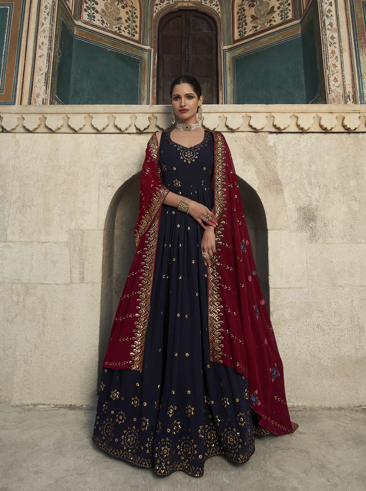 Georgette Aaari Embroidery Gown With Jaal Shimmer Dupatta