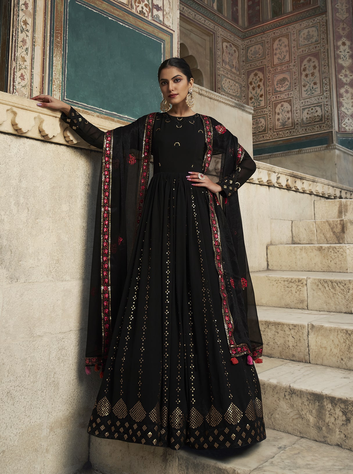 Georgette Aaari Embroidery Gown With Jaal Shimmer Dupatta