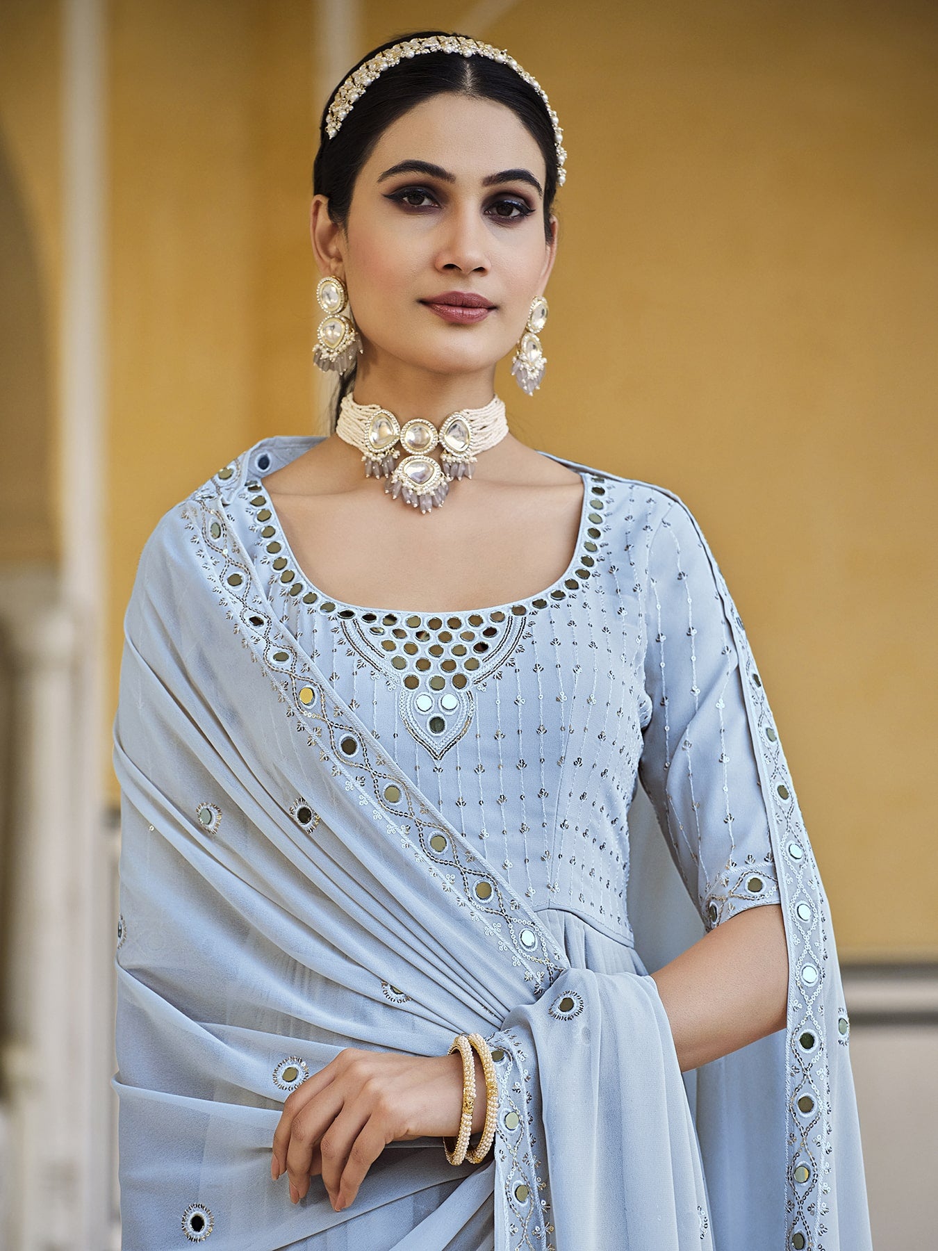 Georgette Shisha Embroidery Layered Salwar Suit