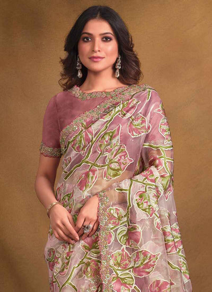 Designer Floral Embroidered Georgette Saree On Silk