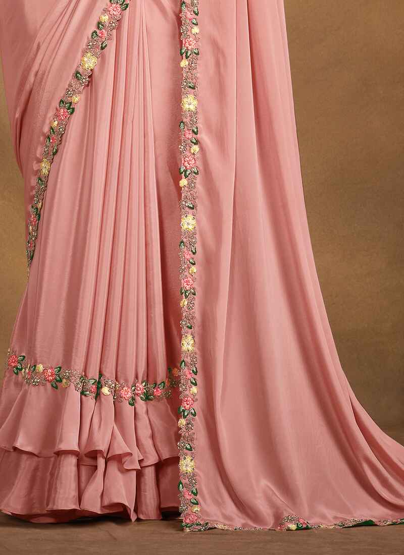 Designer Floral Embroidered Georgette Saree On Silk