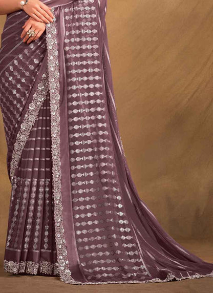 Designer Floral Embroidered Georgette Saree On Silk