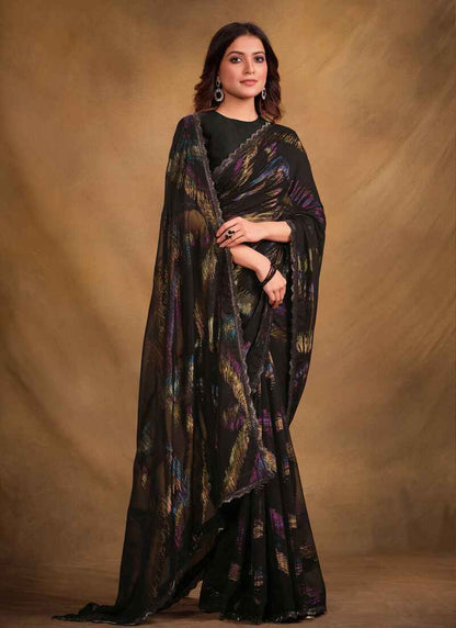 Designer Floral Embroidered Georgette Saree On Silk