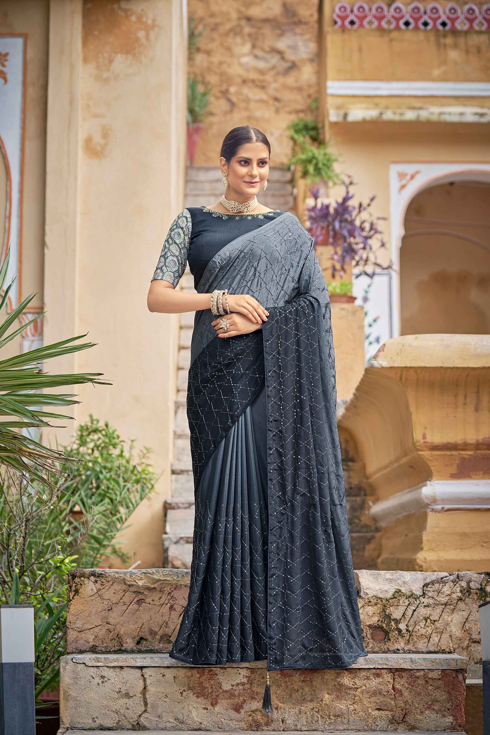 Chinon Padding Shimmer Beads Embroidered Saree With Unstitched Blouse