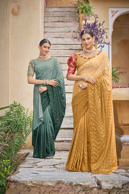 Chinon Padding Shimmer Beads Embroidered Saree With Unstitched Blouse