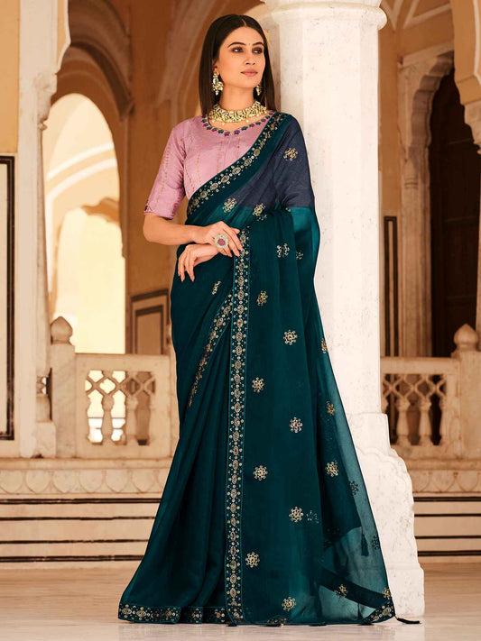 Designer Net Chinon Sarees With Resham embroidery blouse