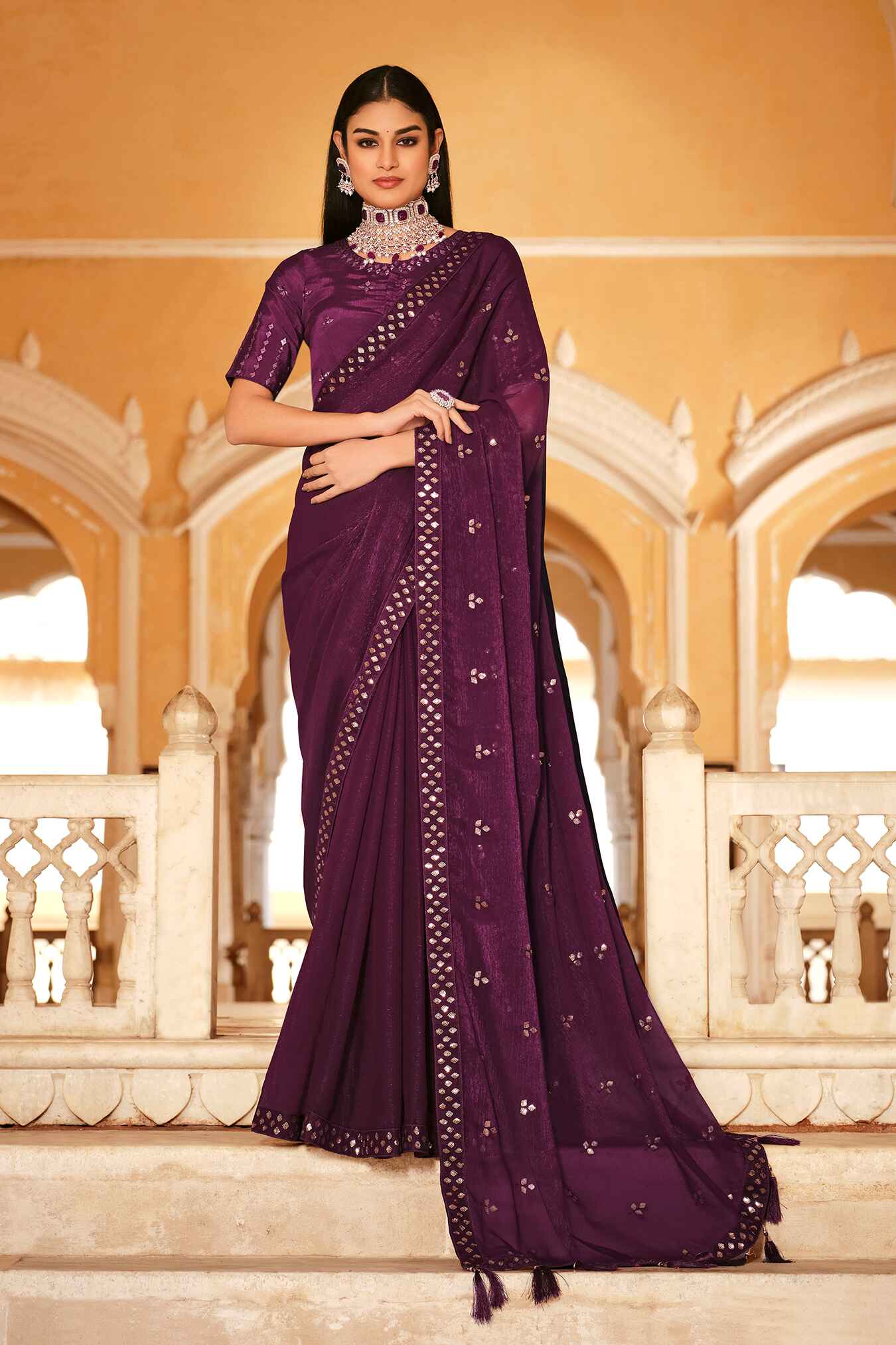 Designer Net Chinon Sarees With Resham embroidery blouse