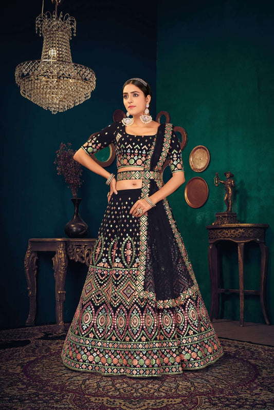 Navy Blue Lehenga Choli With Heavy Hand Embellished Moroccan And Floral Pattern