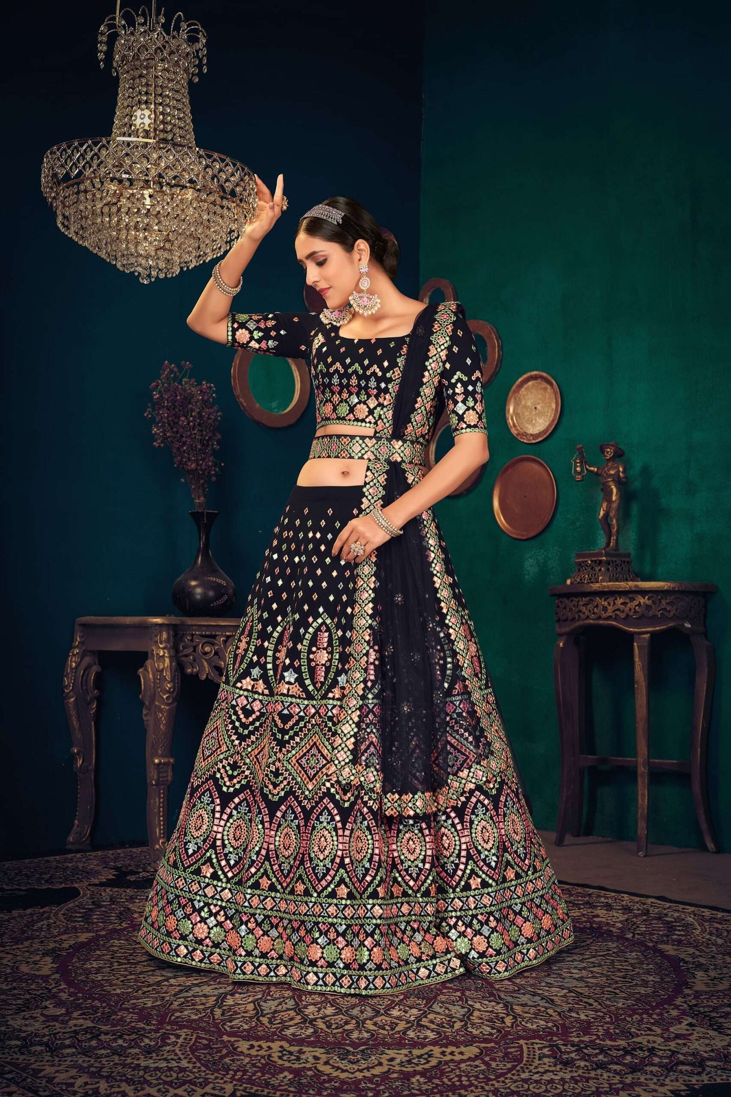Navy Blue Lehenga Choli With Heavy Hand Embellished Moroccan And Floral Pattern