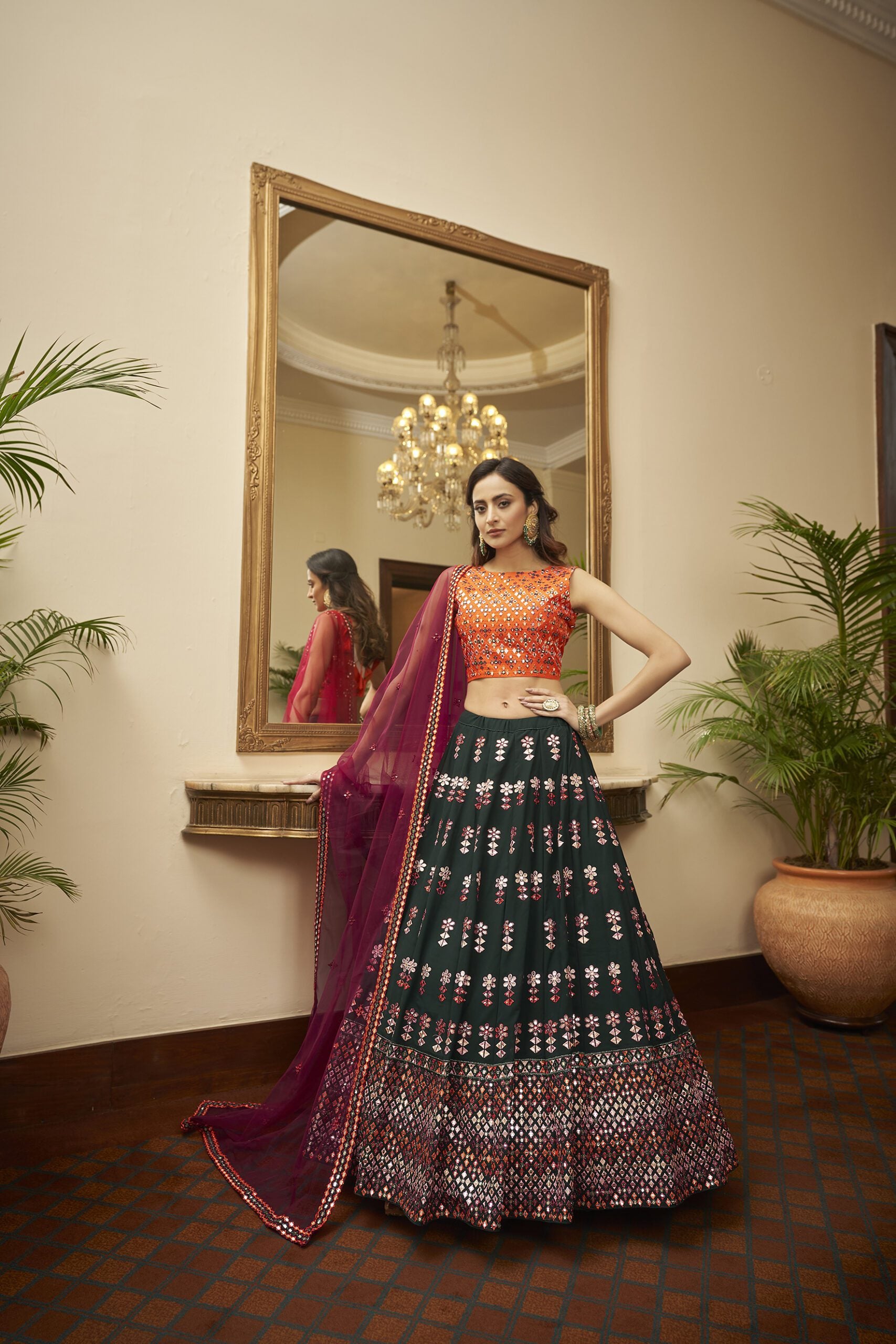 Bridal Designer Georgette Resham Shisha Embroidery Lehenga With Border Shisha Jali Dupatta