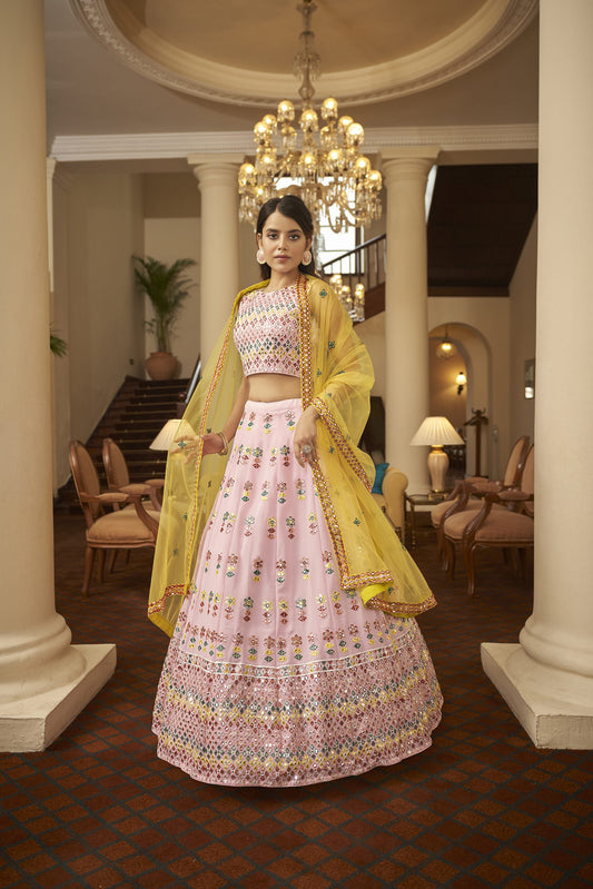 Pink Yellow Georgette Resham Mirror Embroidery Lehenga Choli