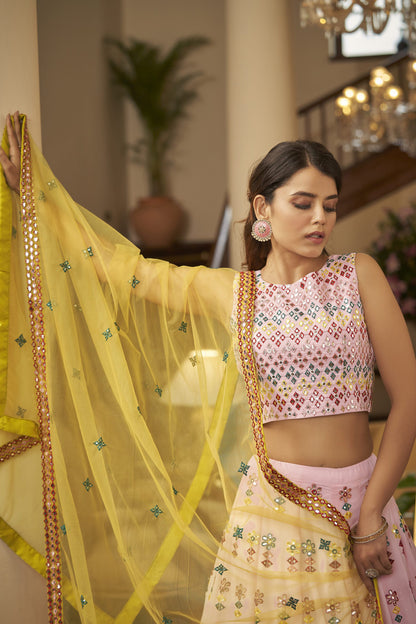Pink Yellow Georgette Resham Mirror Embroidery Lehenga Choli