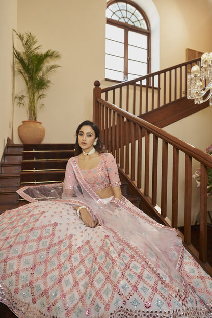 Pearl White Georgette Resham Mirror Embroidery Lehenga Choli With Shimmer Jali Dupatta