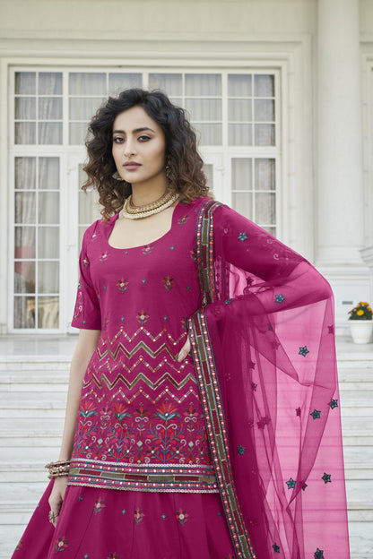 Deep Pink Chinon Resham Embroidery Lehenga Choli With Net Dupatta