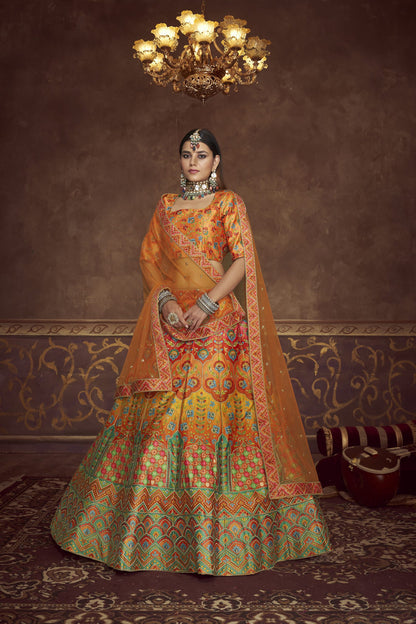 Orange Bohemian Motif Art Silk Lehenga Suit With Resham Embroidery Jaal