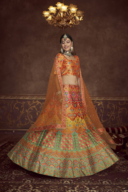 Orange Bohemian Motif Art Silk Lehenga Suit With Resham Embroidery Jaal